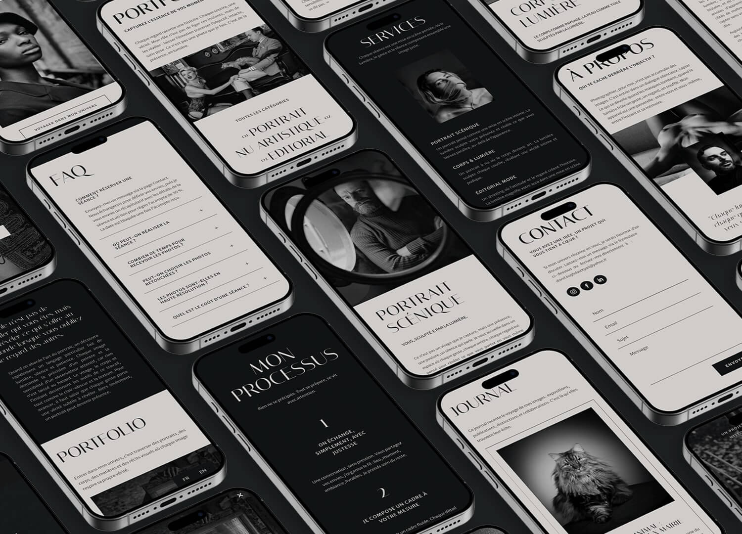 Création d’un portfolio digital épuré pour un photographe professionnel, mettant en valeur ses séries et son style visuel.